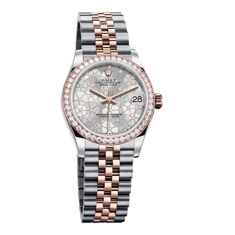 Rolex Steel Gold Diamond Bezel Watch With Silver Floral Diamond Dial - BEAUTY BAR