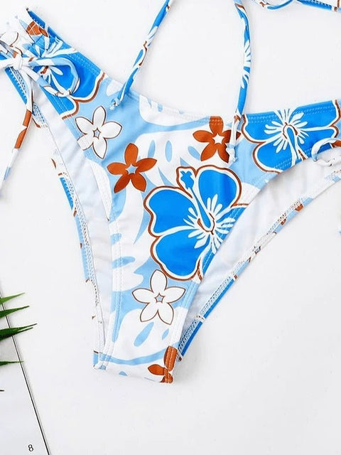 Wave Floral Print Bikini Set With Beach Skirt - BEAUTY BAR