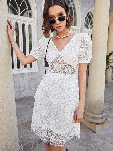 White Lace Short Dress For Women With V Neck - BEAUTY BAR