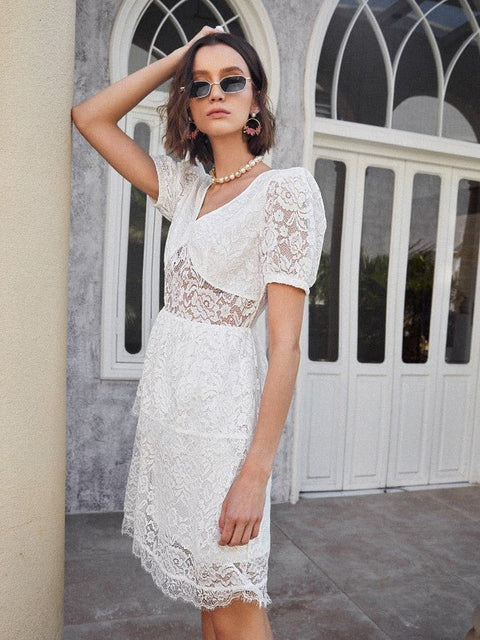White Lace Short Dress For Women With V Neck - BEAUTY BAR