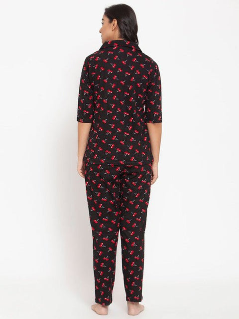 Women's Black Pajama With Red Cherry Print - BEAUTY BAR