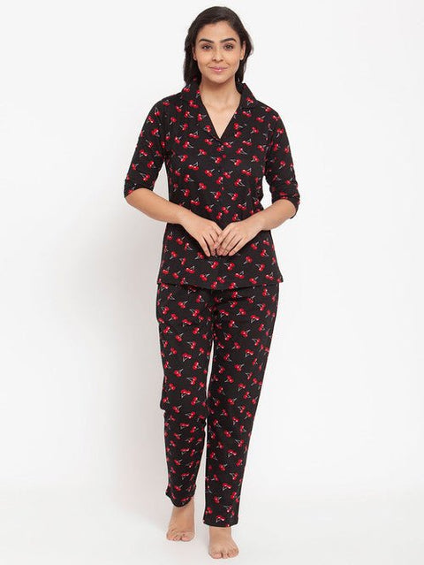 Women's Black Pajama With Red Cherry Print - BEAUTY BAR